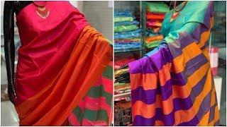 Plain Pure Silk Sarees With Strip Pallu Design