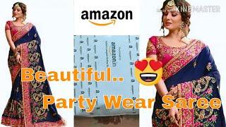 Amazon heavy Embroidered Party wear design saree unboxing,review|latest sarees 2019|blue saree